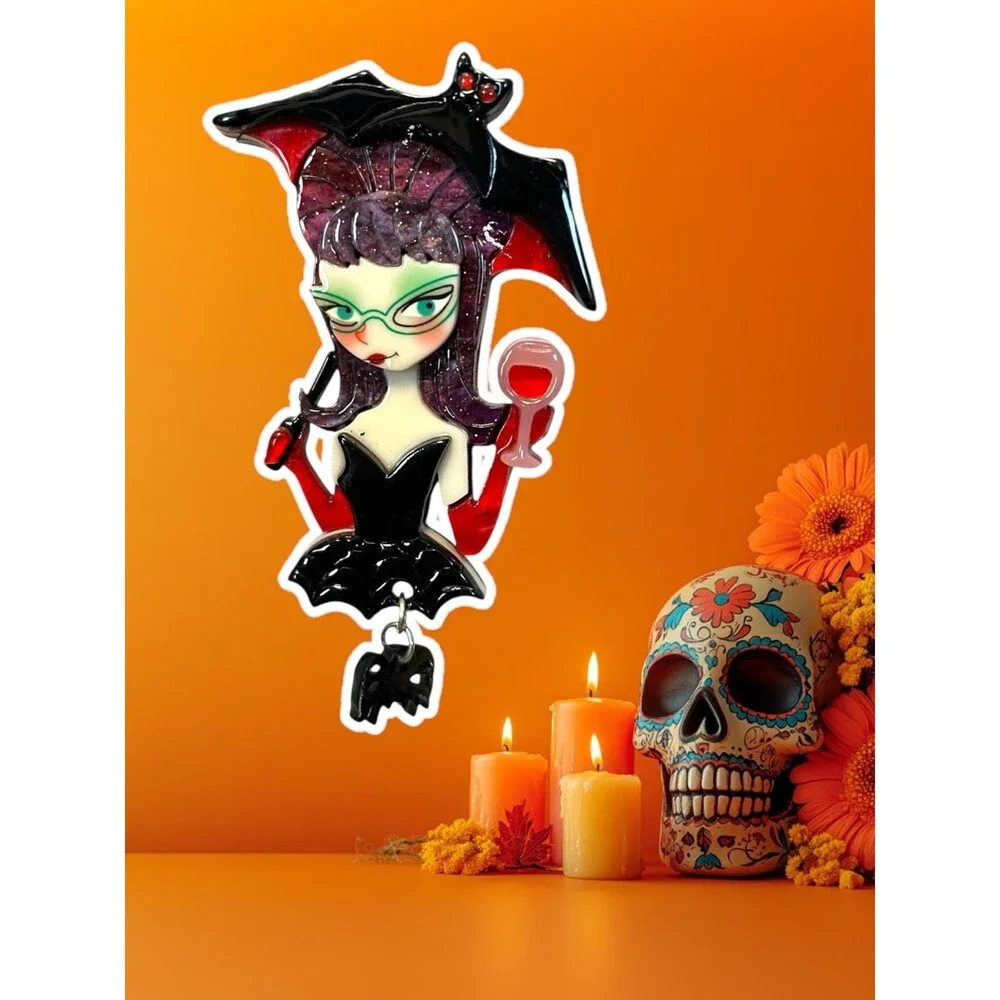 Halloween Cute Bat Umbrella Gothic Girl Brooch Pin - Goth or Punk